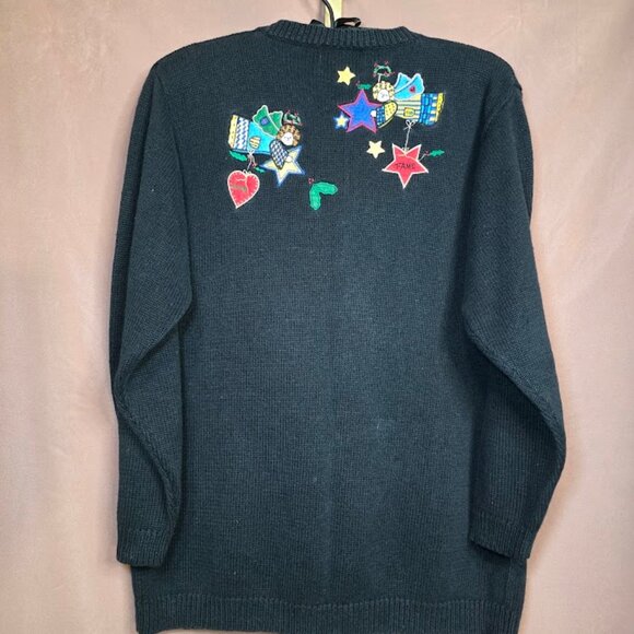 Vtg QUACKER FACTORY Black Cardigan Sweater Holiday Christmas Angels Holly Stars - Picture 8 of 11